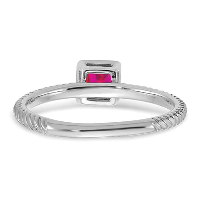 Massiv 14K Weißgold Quadratisch Zargenfassung Synthetisch Rubin Ring