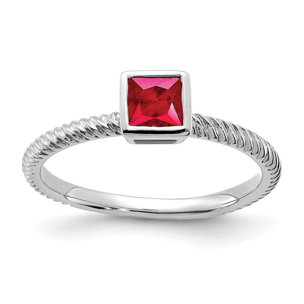 Massiv 14K Weißgold Quadratisch Zargenfassung Synthetisch Rubin Ring