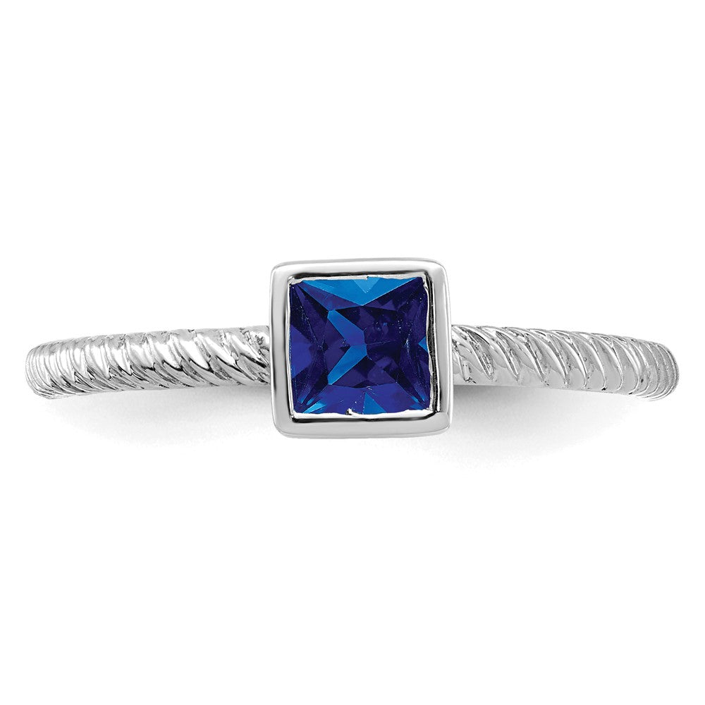 Massiv 14K Weißgold Quadratisch Zargenfassung Synthetisch Saphir Ring