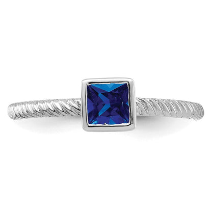Massiv 14K Weißgold Quadratisch Zargenfassung Synthetisch Saphir Ring