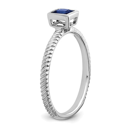 Massiv 14K Weißgold Quadratisch Zargenfassung Synthetisch Saphir Ring