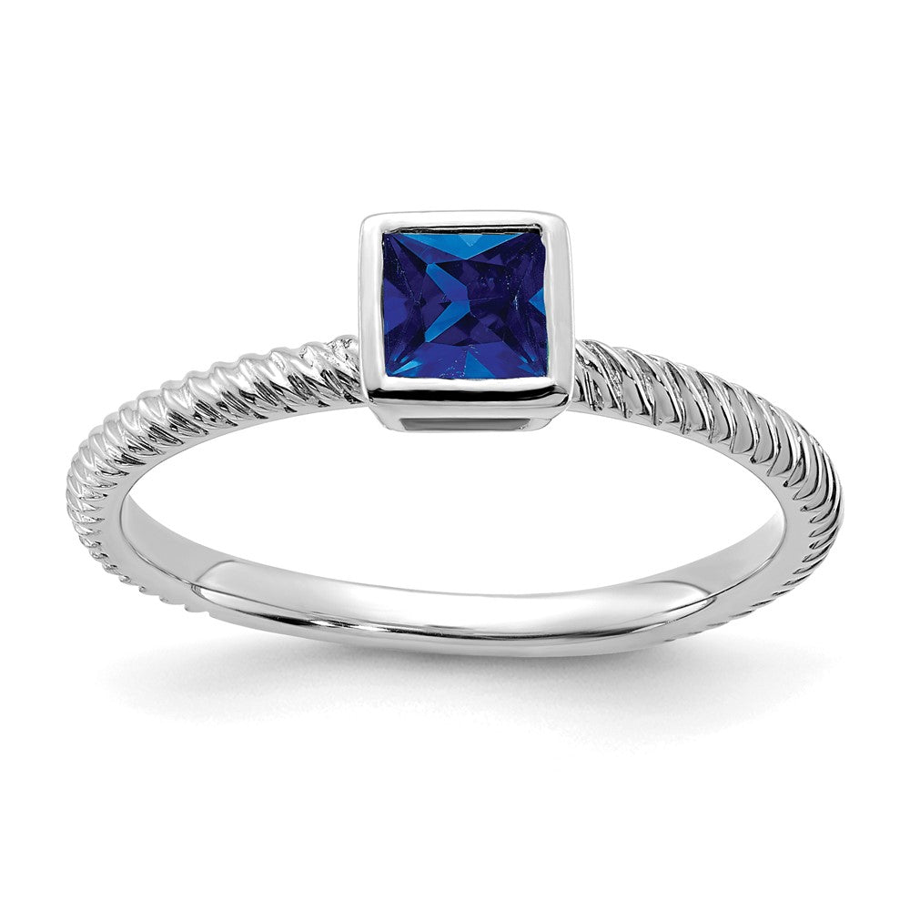 Massiv 14K Weißgold Quadratisch Zargenfassung Synthetisch Saphir Ring
