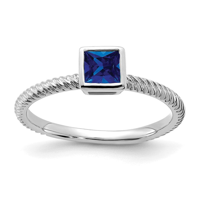 Massiv 14K Weißgold Quadratisch Zargenfassung Synthetisch Saphir Ring