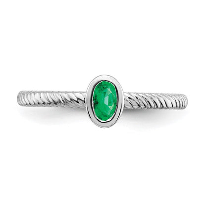 Massiv 14K Weißgold Oval Zargenfassung Synthetisch Smaragd Ring