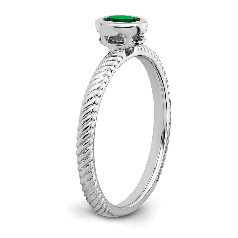 Massiv 14K Weißgold Oval Zargenfassung Synthetisch Smaragd Ring