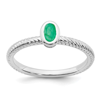 Massiv 14K Weißgold Oval Zargenfassung Synthetisch Smaragd Ring