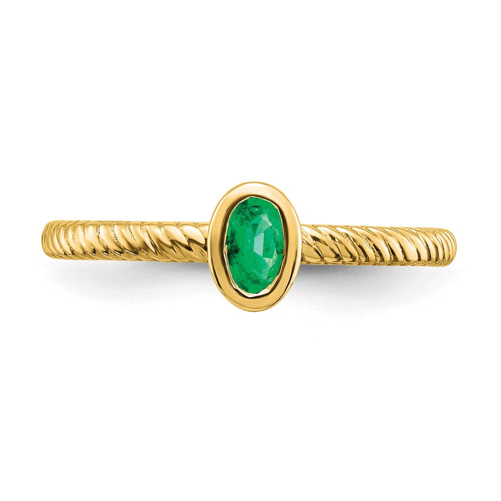 Massiv 14K Gelbgold Oval Zargenfassung Synthetisch Smaragd Ring