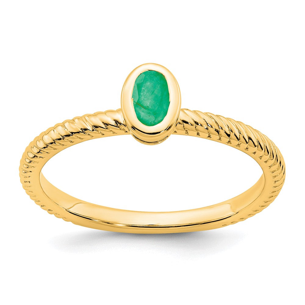 Massiv 14K Gelbgold Oval Zargenfassung Synthetisch Smaragd Ring
