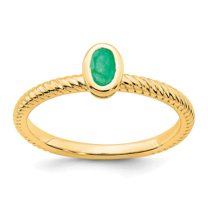 Massiv 14K Gelbgold Oval Zargenfassung Synthetisch Smaragd Ring