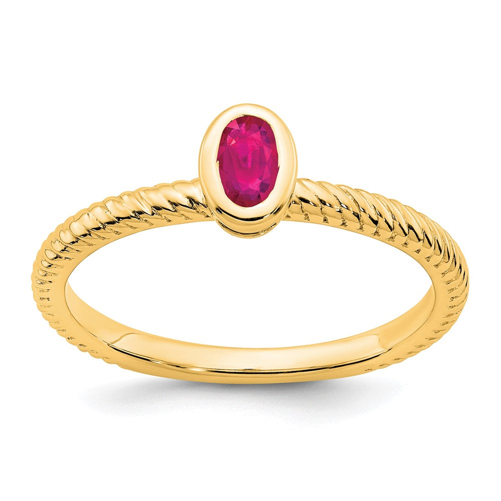 Massiv 14K Gelbgold Oval Zargenfassung Synthetisch Rubin Ring