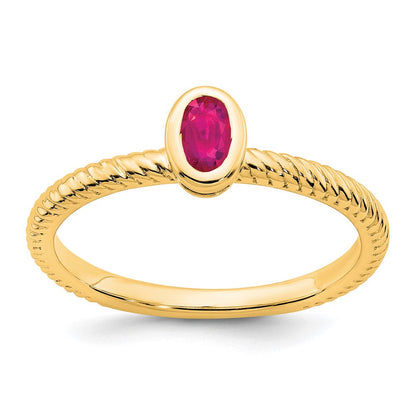 Massiv 14K Gelbgold Oval Zargenfassung Synthetisch Rubin Ring