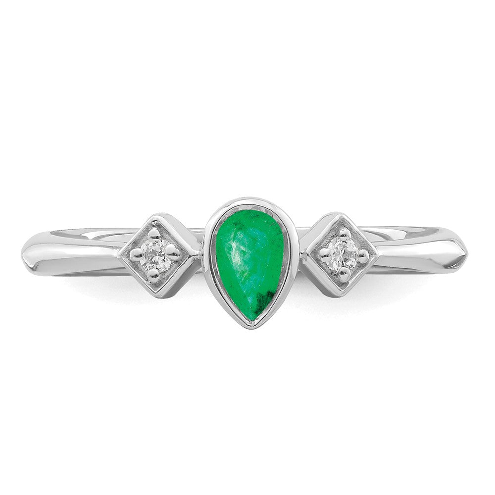 14K Weißgold Ring mit Zargenfassung, Smaragd in Tropfenform und echten Diamanten