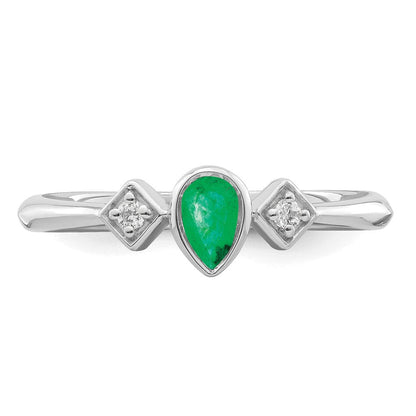 14K Weißgold Ring mit Zargenfassung, Smaragd in Tropfenform und echten Diamanten