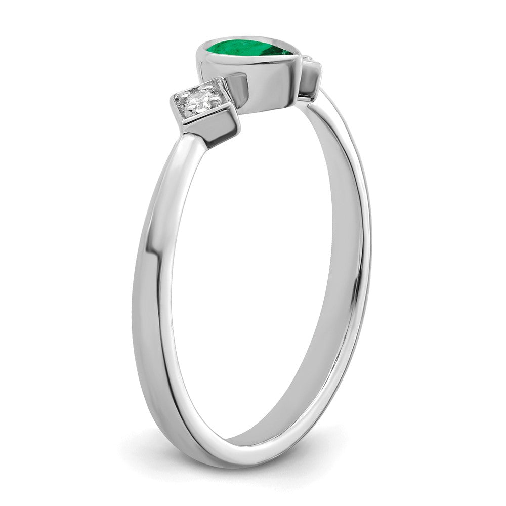 14K Weißgold Ring mit Zargenfassung, Smaragd in Tropfenform und echten Diamanten