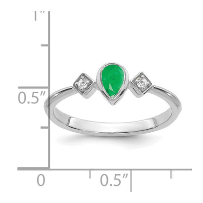 14K Weißgold Ring mit Zargenfassung, Smaragd in Tropfenform und echten Diamanten
