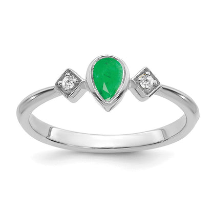14K Weißgold Ring mit Zargenfassung, Smaragd in Tropfenform und echten Diamanten
