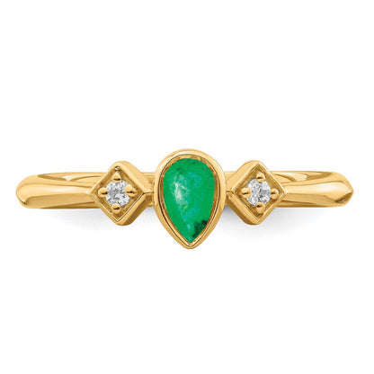 14K Gelbgold Ring mit Fassung in Tropfenform mit Smaragd und echtem Diamant