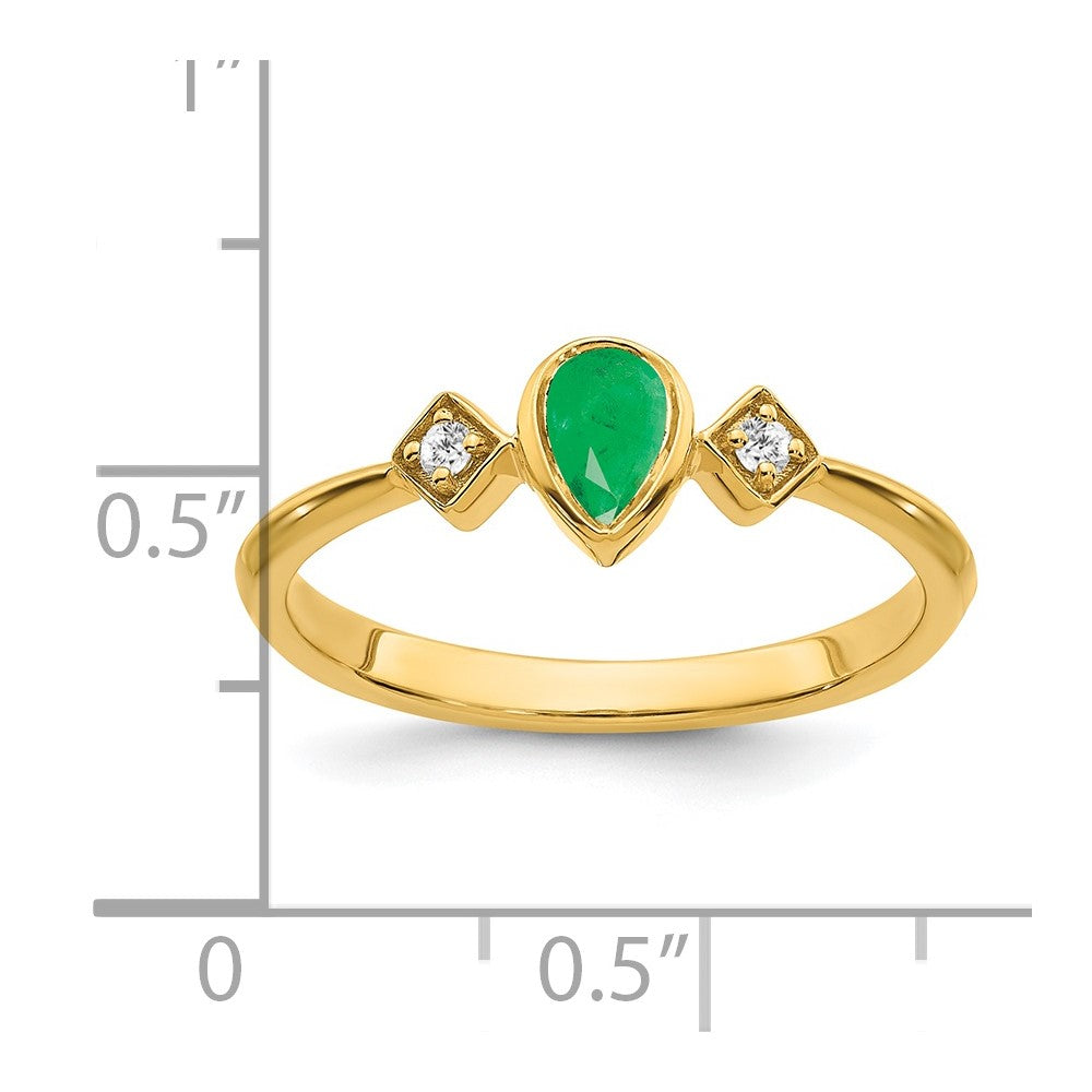 14K Gelbgold Ring mit Fassung in Tropfenform mit Smaragd und echtem Diamant