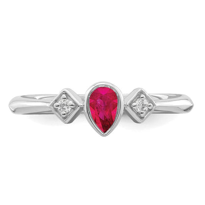 14K Weißgold Ring mit Rubin im Birnenschliff in Zargenfassung und echten Diamanten