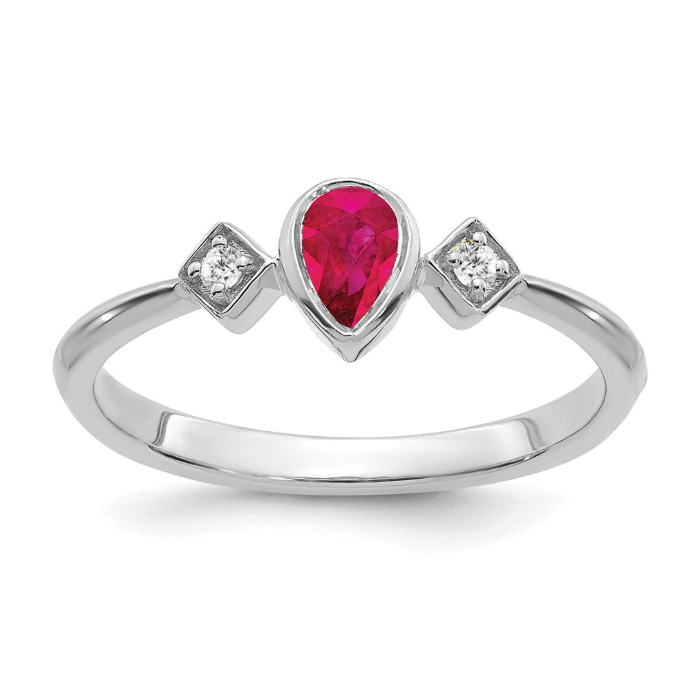 14K Weißgold Ring mit Rubin im Birnenschliff in Zargenfassung und echten Diamanten