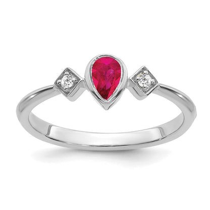 14K Weißgold Ring mit Rubin im Birnenschliff in Zargenfassung und echten Diamanten