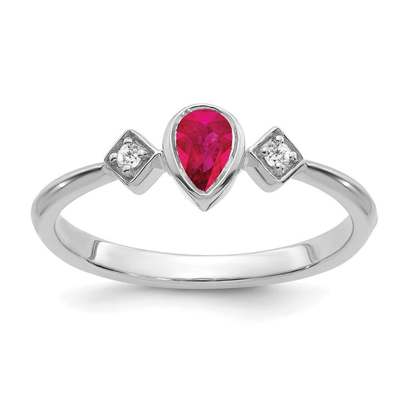 14K Weißgold Ring mit Rubin im Birnenschliff in Zargenfassung und echten Diamanten