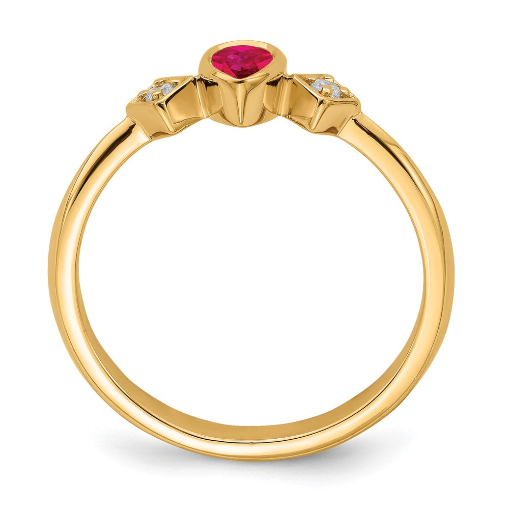 14K Gelbgold Ring mit Rubin im Birnenschliff in Lünettenfassung und echten Diamanten