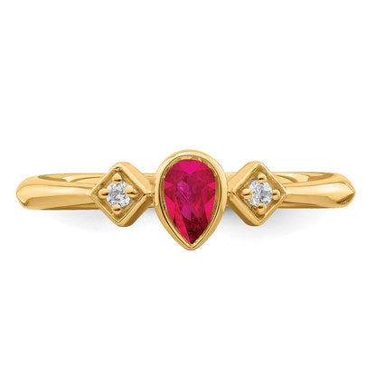 14K Gelbgold Ring mit Rubin im Birnenschliff in Lünettenfassung und echten Diamanten