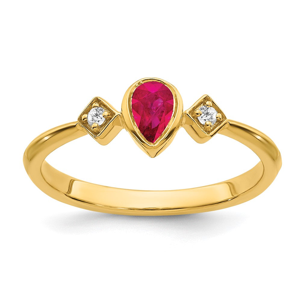 14K Gelbgold Ring mit Rubin im Birnenschliff in Lünettenfassung und echten Diamanten