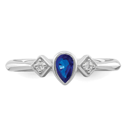 14K Weißgold Ring mit birnenförmigem Saphir in Zargenfassung und echten Diamanten