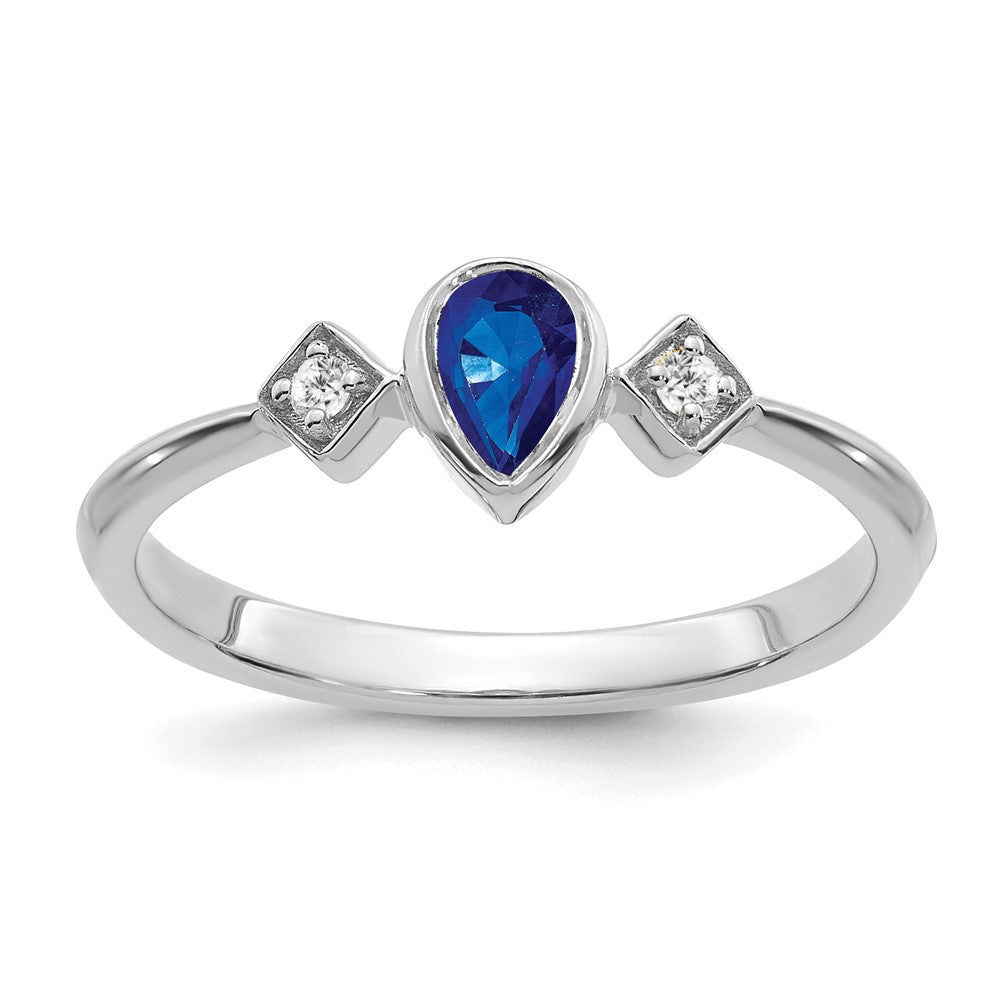 14K Weißgold Ring mit birnenförmigem Saphir in Zargenfassung und echten Diamanten