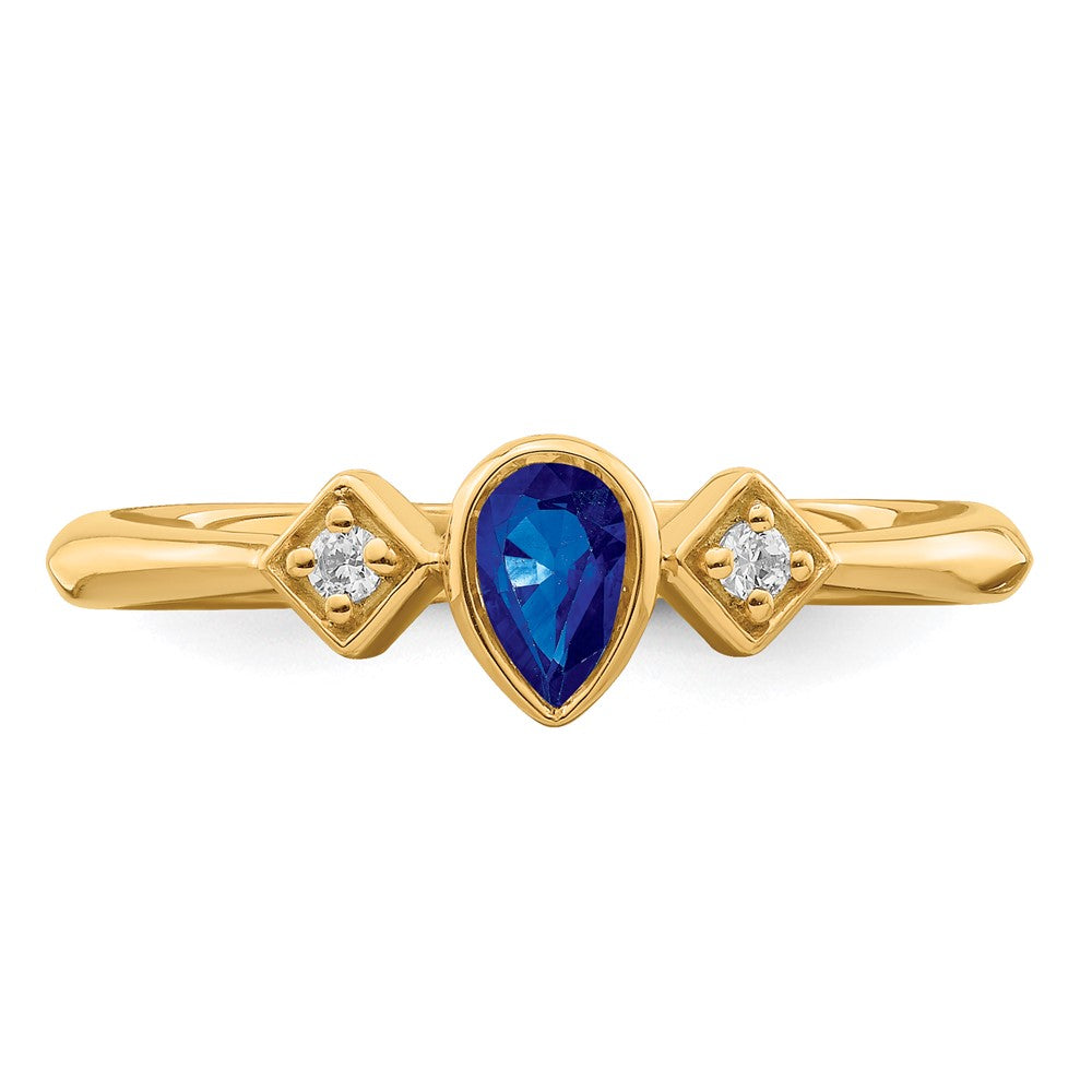 14K Gelbgold Ring mit Saphir im Birnenschliff in Zargenfassung und echten Diamanten
