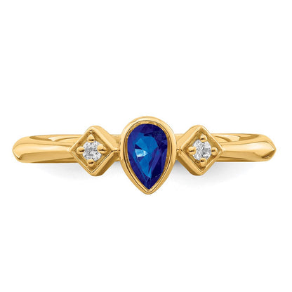 14K Gelbgold Ring mit Saphir im Birnenschliff in Zargenfassung und echten Diamanten