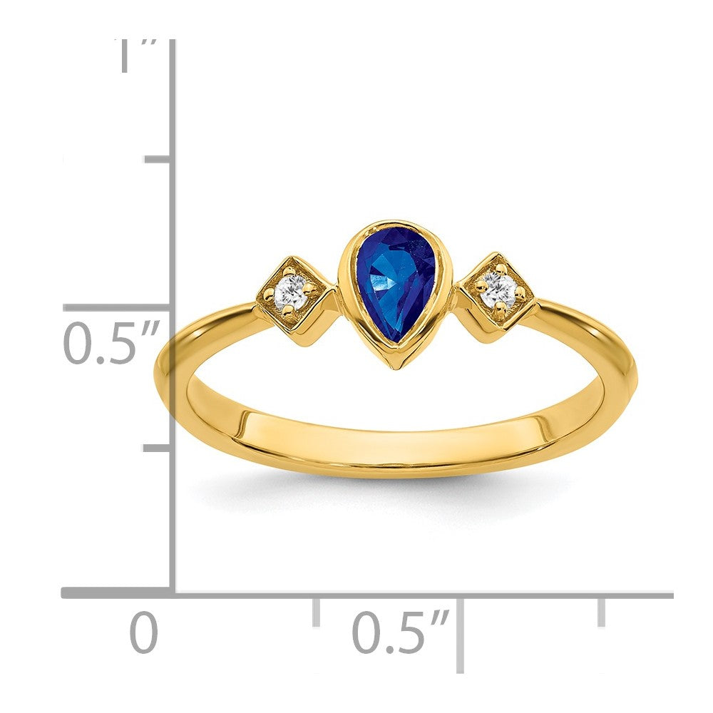 14K Gelbgold Ring mit Saphir im Birnenschliff in Zargenfassung und echten Diamanten