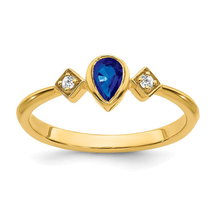 14K Gelbgold Ring mit Saphir im Birnenschliff in Zargenfassung und echten Diamanten