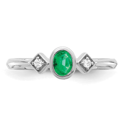 14K Weißgold Ring mit Oval-Fassung, Smaragd und echten Diamanten