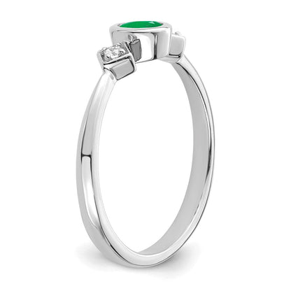 14K Weißgold Ring mit Oval-Fassung, Smaragd und echten Diamanten