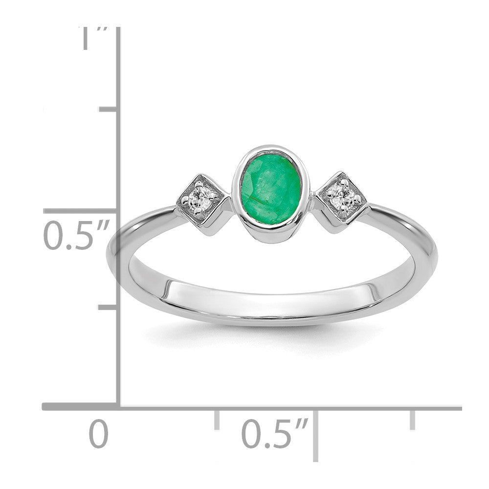 14K Weißgold Ring mit Oval-Fassung, Smaragd und echten Diamanten