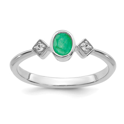 14K Weißgold Ring mit Oval-Fassung, Smaragd und echten Diamanten
