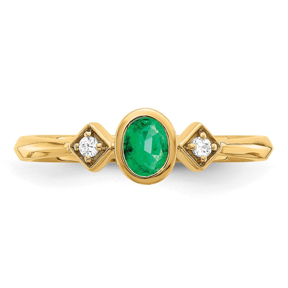 14K Gelbgold Ring mit ovalem Smaragd in Zargenfassung und echten Diamanten