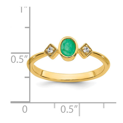14K Gelbgold Ring mit ovalem Smaragd in Zargenfassung und echten Diamanten