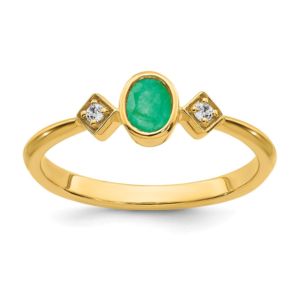 14K Gelbgold Ring mit ovalem Smaragd in Zargenfassung und echten Diamanten