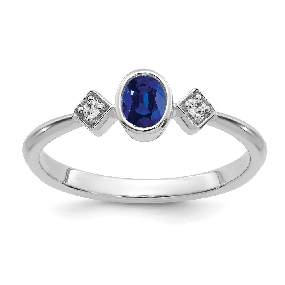 14K Weißgold Ring mit ovalem Saphir in Zargenfassung und echten Diamanten