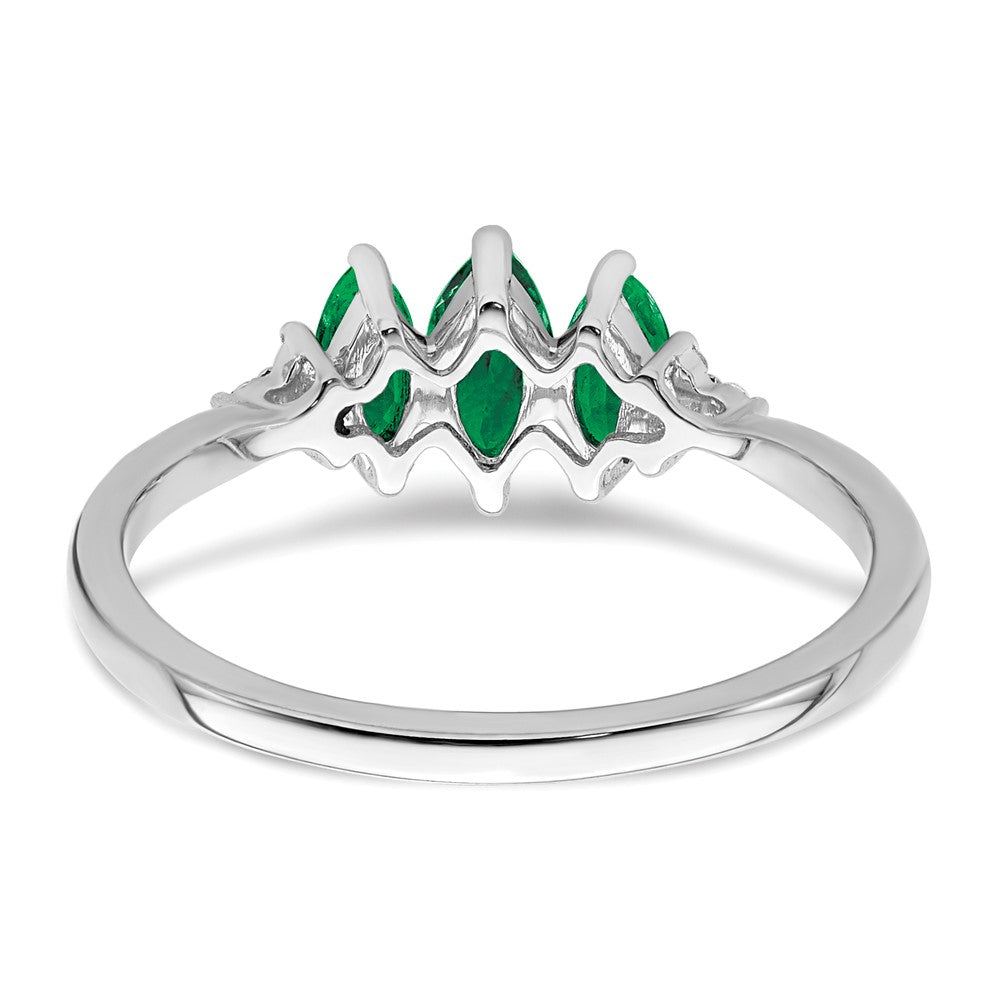 14K Weißgold Ring mit Marquise-Smaragd (synthetisch) und echten Diamanten im 3-Stein-Design