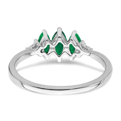 14K Weißgold Ring mit Marquise-Smaragd (synthetisch) und echten Diamanten im 3-Stein-Design