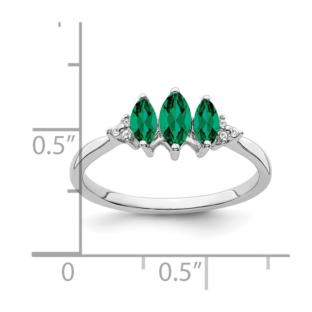 14K Weißgold Ring mit Marquise-Smaragd (synthetisch) und echten Diamanten im 3-Stein-Design