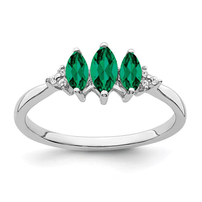 14K Weißgold Ring mit Marquise-Smaragd (synthetisch) und echten Diamanten im 3-Stein-Design
