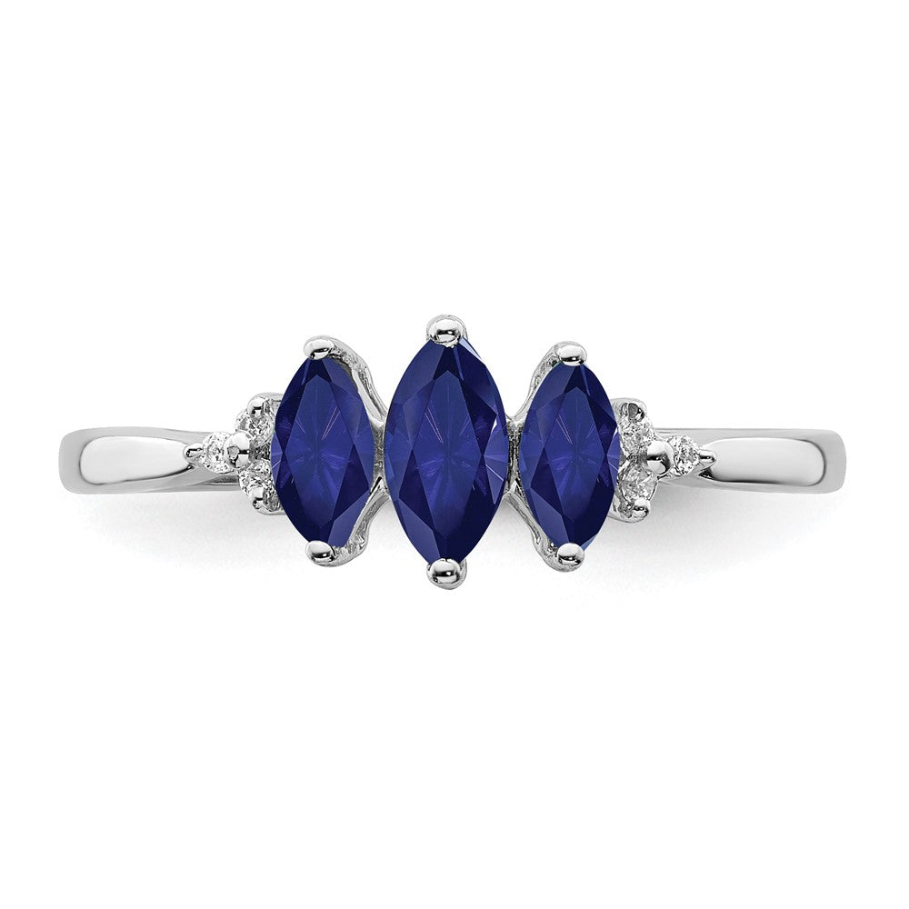 14K Weißgold Ring mit Marquise-Saphir (synthetisch) und echten Diamanten, 3-Steine