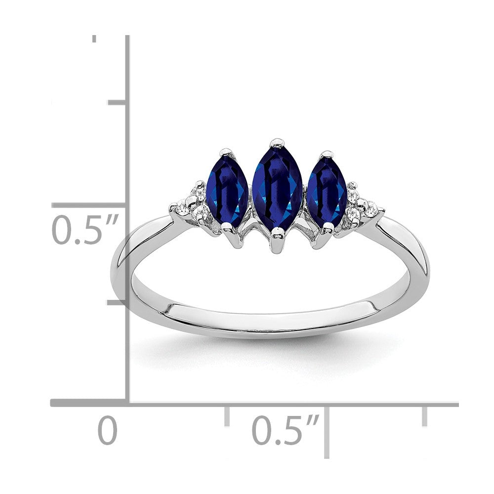 14K Weißgold Ring mit Marquise-Saphir (synthetisch) und echten Diamanten, 3-Steine