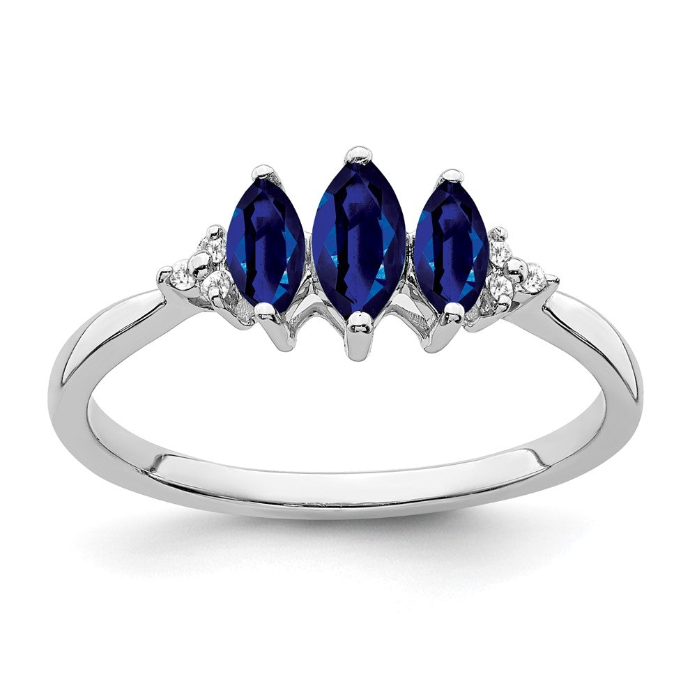 14K Weißgold Ring mit Marquise-Saphir (synthetisch) und echten Diamanten, 3-Steine